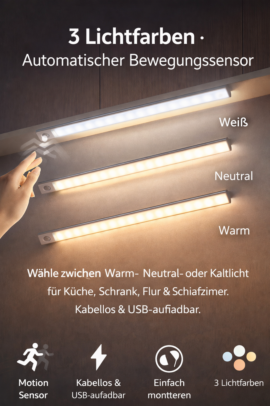 Motion Sensor Wireless LED Night Light – USB Rechargeable Cabinet & Wardrobe Light